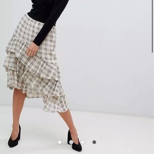 Y.A.S cream check midi skirt with layered ruffle detail